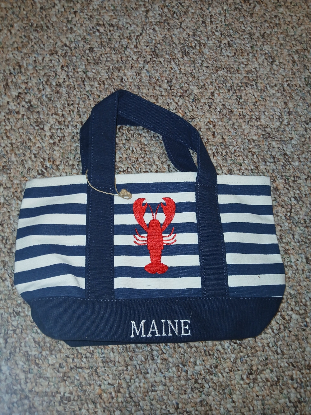 Striped Navy & White Maine Tote "with Red Lobster Embroidery 12" X 7.25